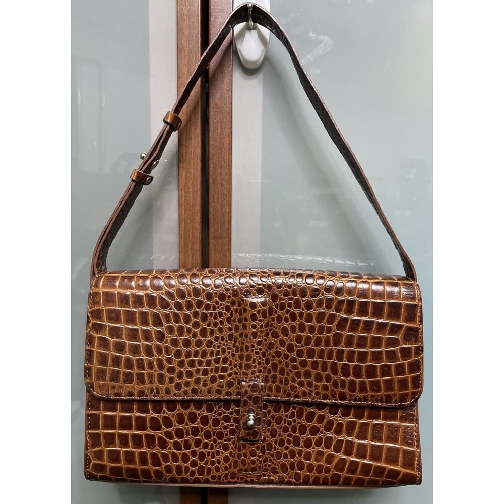 DKNY Vintage Y2K 90s Croc Embossed Brown Animal Print Leather Shoulder Hand Bag